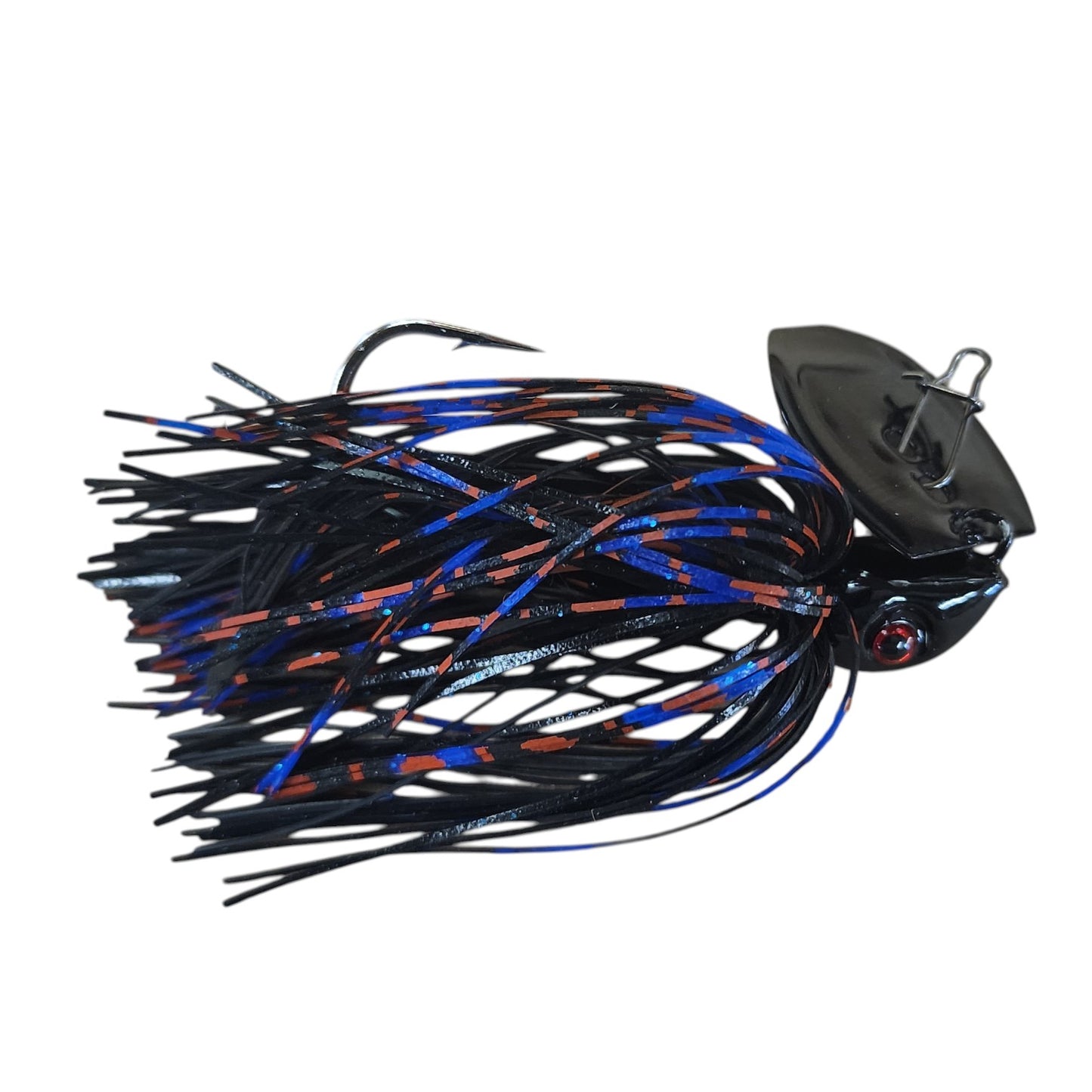 BurdHouse Tackle LLC Pulse Bait fishing lure with black skirt, blue and orange accents, and a black blade.
