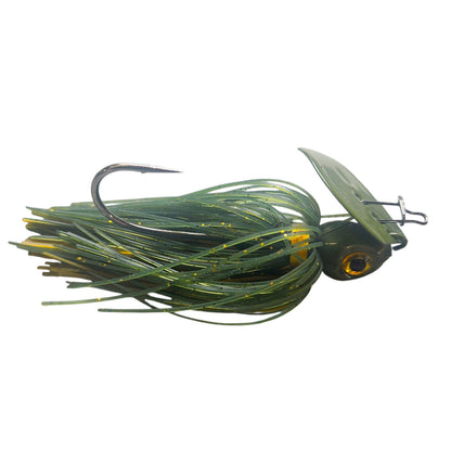 BurdHouse Tackle LLC Pulse Bait fishing lure with green silicone skirt and gold glitter accents, sharp hook.